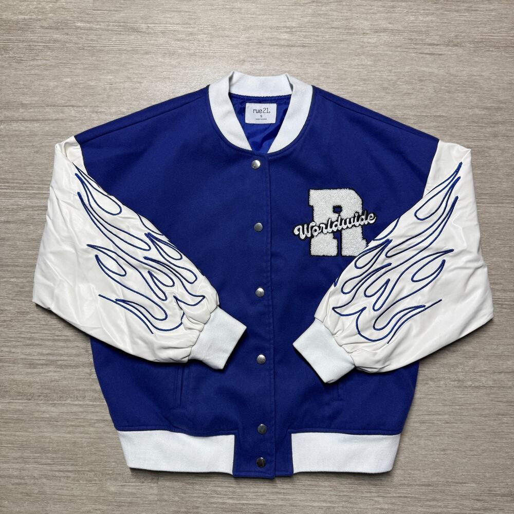 Rue21 Varsity Jacket Blue White Flames Y2K Adult S Snap Button Front